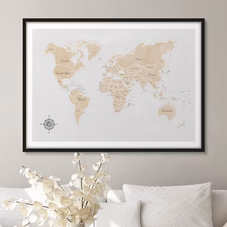 World Map In Beige Art Print