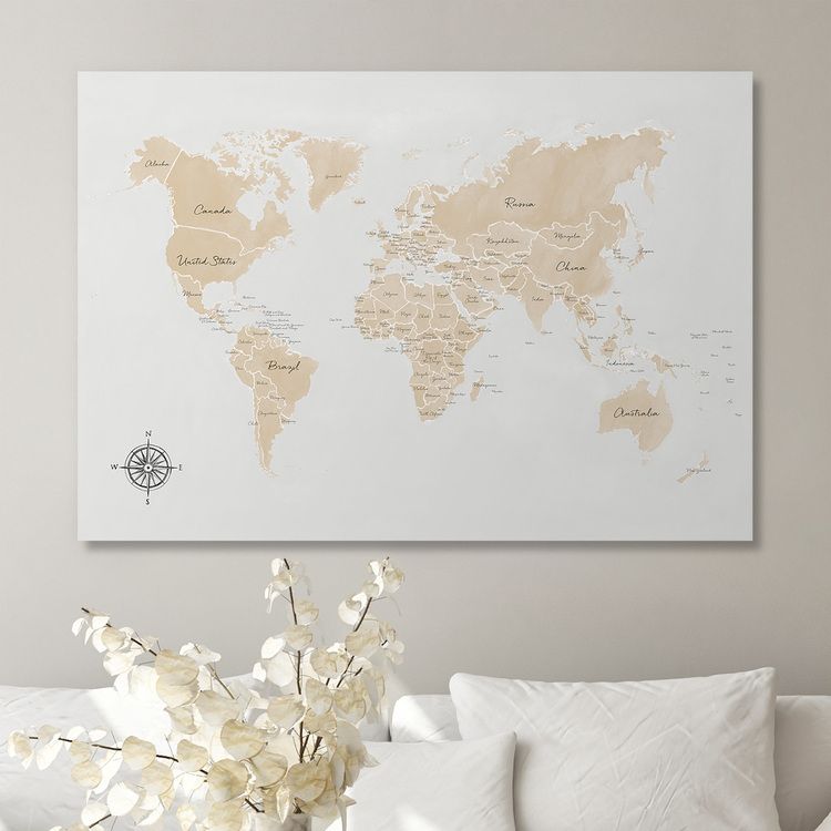 World Map in beige Canvas