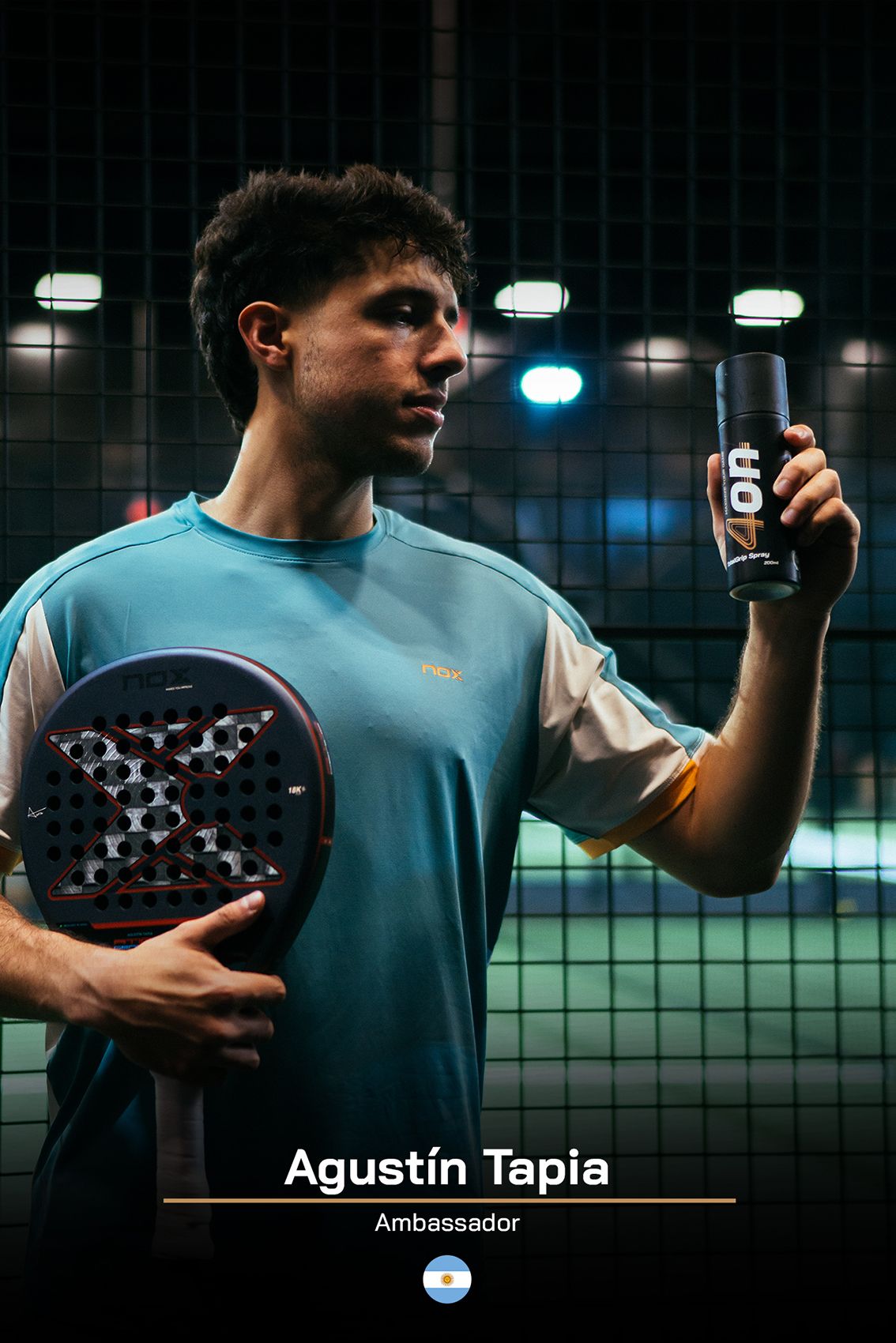 Pro padel player Agustín Tapia holding a 4on TotalGrip spray and his racket.