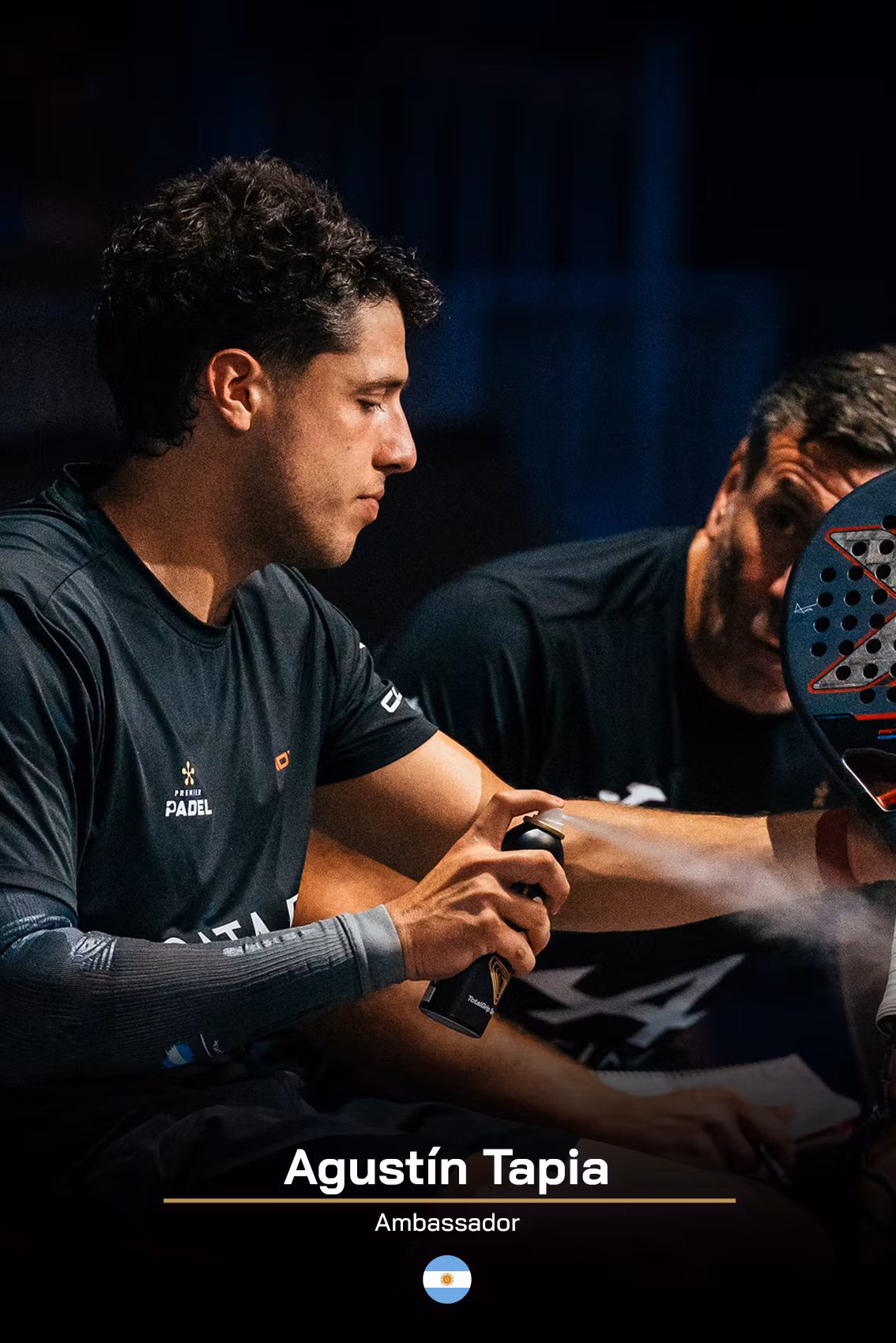 Pro padel player Agustin Tapia spraying 4on Total Grip on his racket for a better grip.