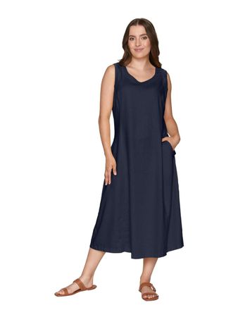 Ärmlös klänning lin/viskos (MARINBLÅ) (L, 2XL KVAR)