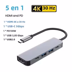 USB-C Hubb 5-i-1 – HDMI 4K, USB 3.0 & 100W PD Laddning