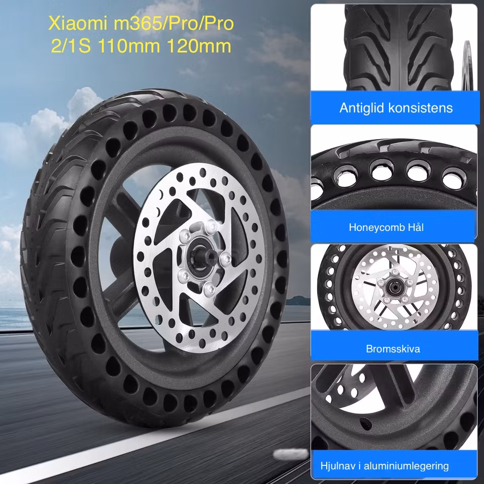 8,5 tums bakhjul för Xiaomi M365/Pro/Pro2/1S/Essential+110-120 mm skivbroms med punkteringsfritt däck