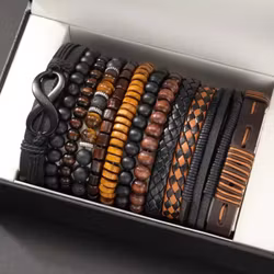 Vintagevävt Armbandsset i Konstläder med Tigeröga och Månstenspärlor för Avslappnad Festmode 12st