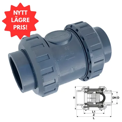 PVC-U Backventil Ø50 mm med rostfri fjäder - limmas på båda sidor ...