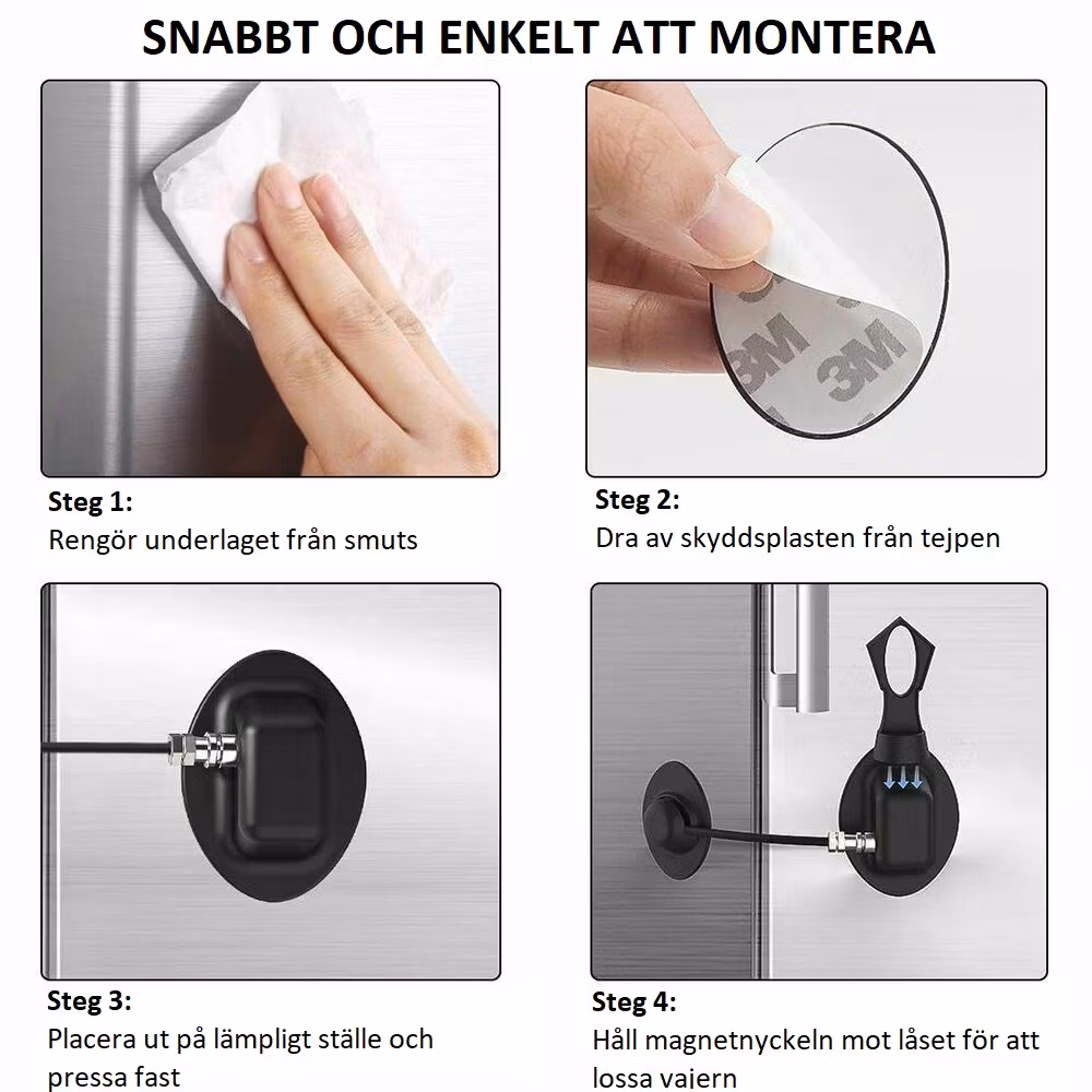 Vajerlåset monteras enkelt med dubbelhäftande tejp