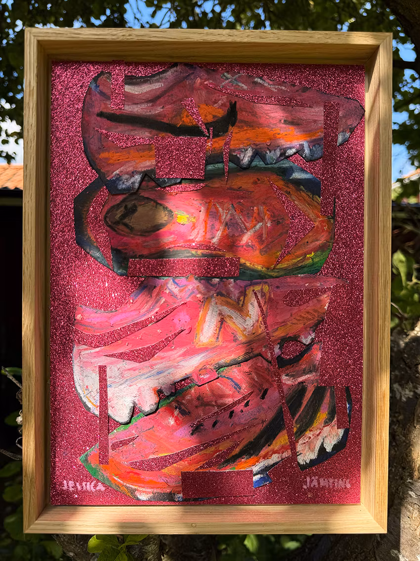 Tänk inte själv: Pink world cup boots – Originalmålning av Jessica Jämting 21x30 cm