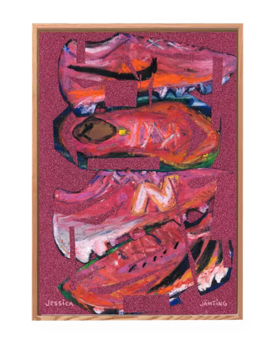 Tänk inte själv: Pink world cup boots – Originalmålning av Jessica Jämting 21x30 cm