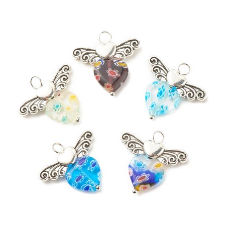 Charms - Berlock - ängel med vingar och hummer lås- antik silver - mångfärgad med blommor