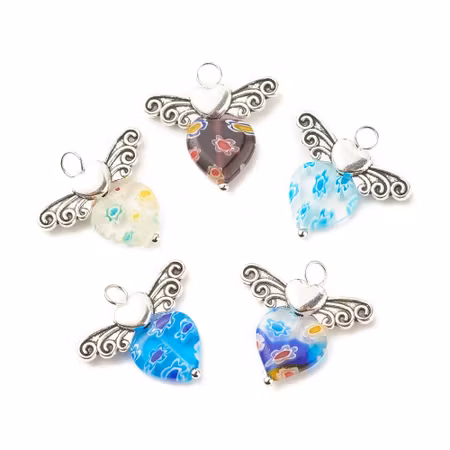 Charms - Berlock - ängel med vingar och hummer lås- antik silver - klar med blommor