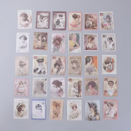 Stickers till scrapbooking frimärke vintage motiv 60st