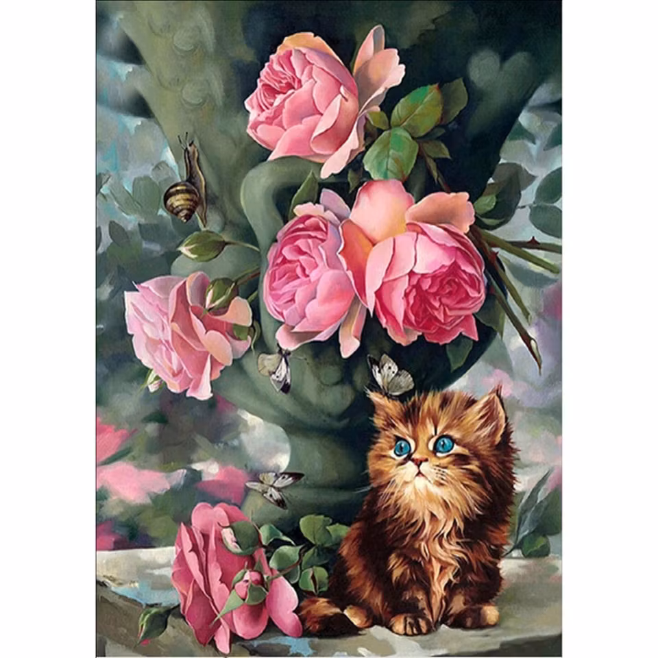Blommor katt - Diamond Painting   - 40x30