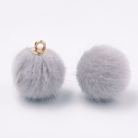 Charms - Berlock - konstgjord mink boll- grå/mässing - 17x15mm