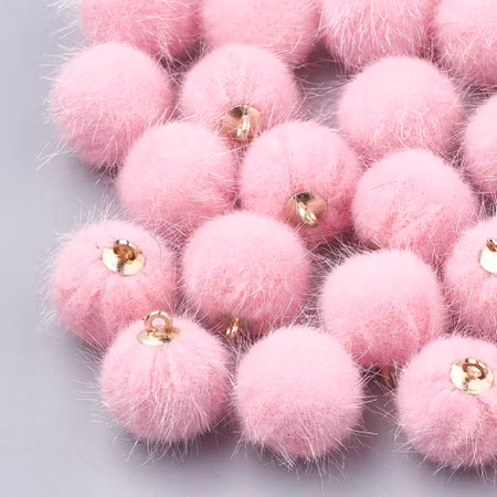 Charms - Berlock - konstgjord mink boll- rosa/mässing - 17x15mm