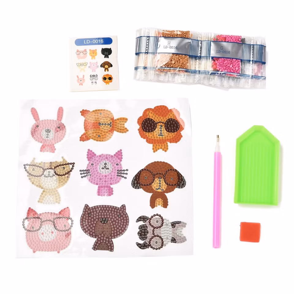 Klistermärken - Diamond Painting   - roliga djurmotiv - 9st