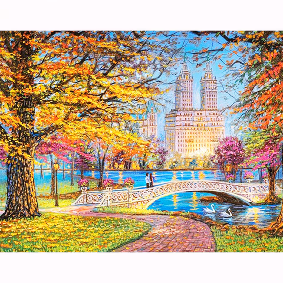 Stad med bro - Diamond Painting  5D - 40x30