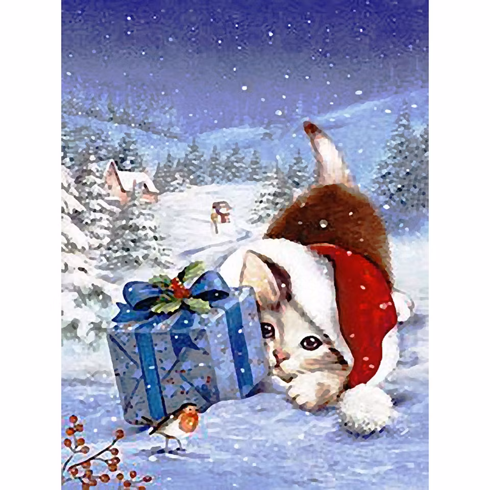 Katt med julklapp - Diamond Painting   - 40x30