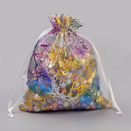 Organza / smycke påse vit med mönster ca12x9, 5-pack