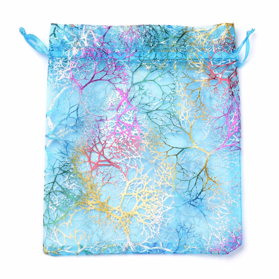 Organza / smycke påse turkos med mönster ca12x9, 5-pack