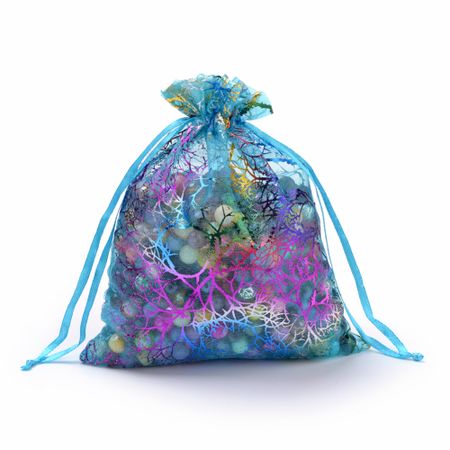 Organza / smycke påse turkos med mönster ca12x9, 5-pack