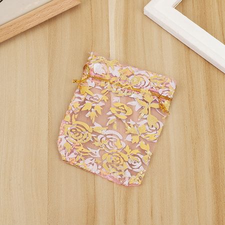 Organza / smycke påse rosa med guld rosor ca 9x7cm, 5-pack