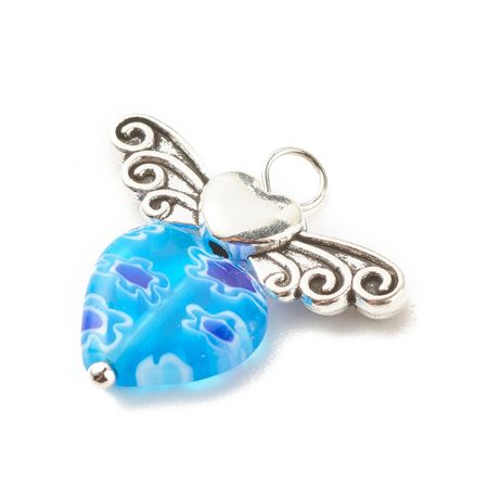 Charms - Berlock - ängel med vingar och hummer lås- antik silver - blå med blommor