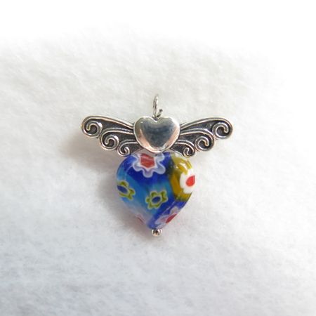 Charms - Berlock - ängel med vingar och hummer lås- antik silver - mångfärgad med blommor