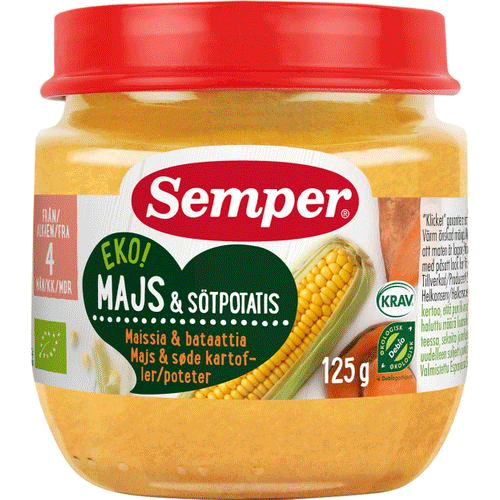 Alimento orgánico para bebés Semper, maíz y batata, 4 meses - 125 gramos
