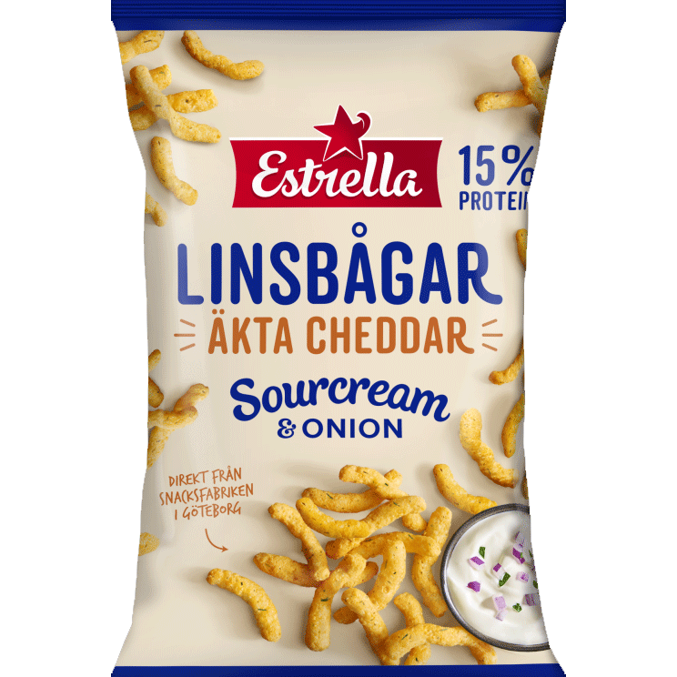 Boucles de lentilles Estrella, vrai cheddar, crème sure et oignon - 125 grammes