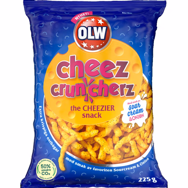 OLW Cheez Cruncherz, Crema Agria y Cebolla - 225 gramos