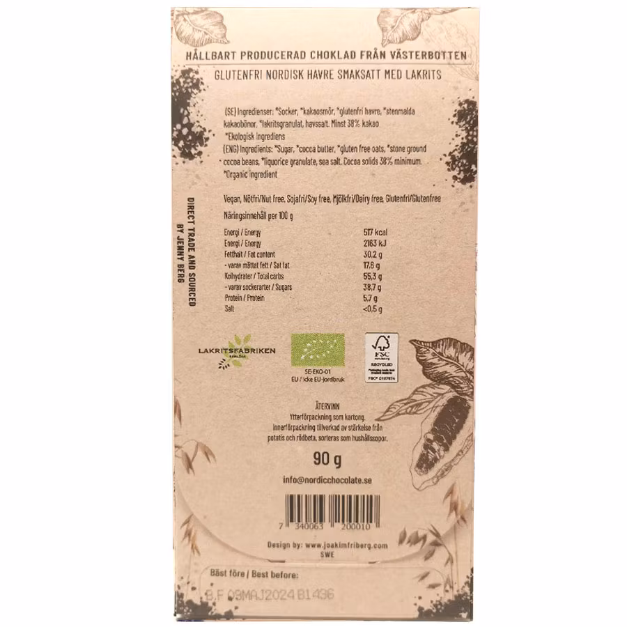 Nordic Chocolate con avena y regaliz, 38% - 90 gramos