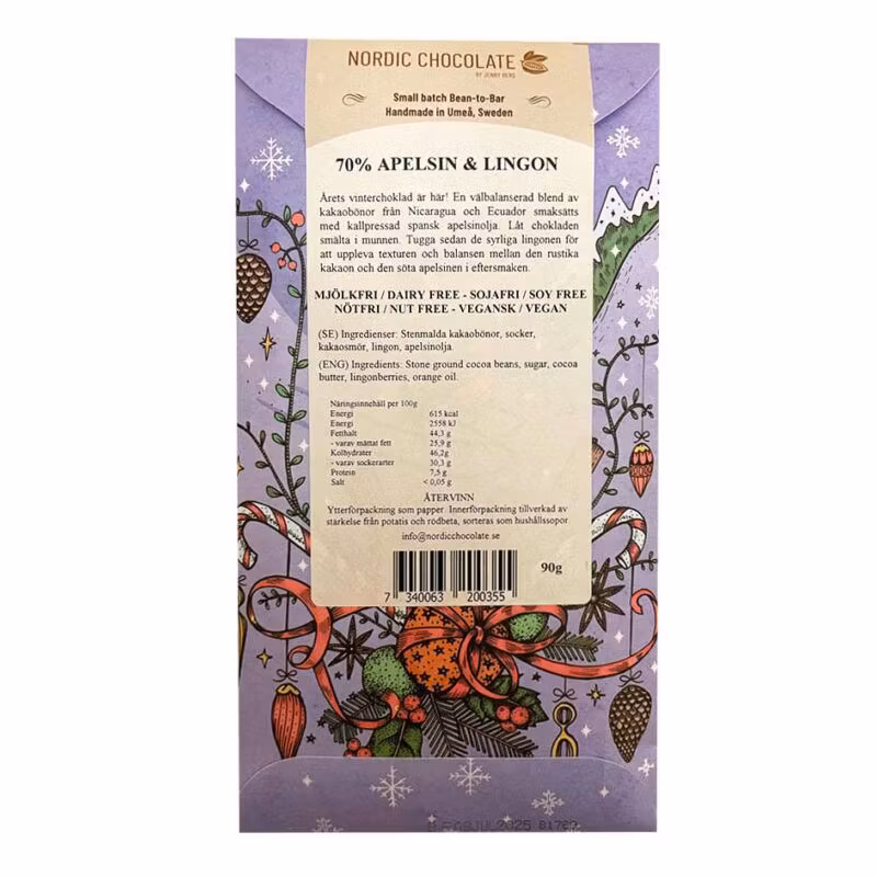 Nordic Chocolate Winter Chocolate 2024, Orange And Lingonberry, 70% - 90 grams