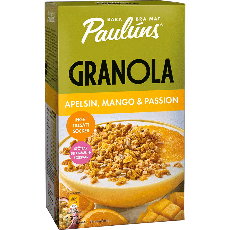 Paulúns Granola Naranja, Mango y Pasión - 450 gramos