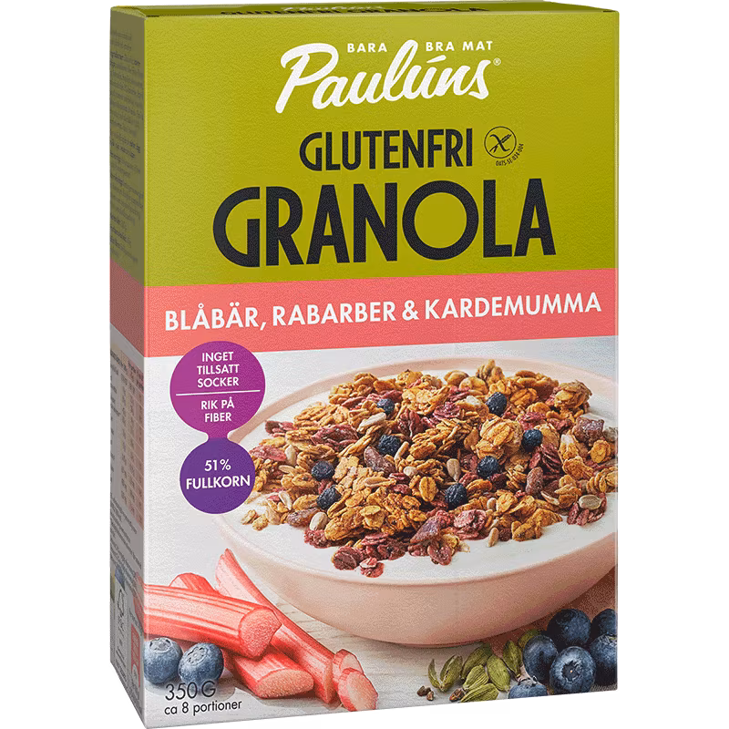 Granola sin gluten Paulúns Arándanos, Ruibarbo, Cardamomo y Canela - 350 gramos