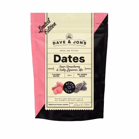 Dave & Jon's Dates, Sour Strawberry & Salty Liqourice Mix, Limited Edition - 125 grams