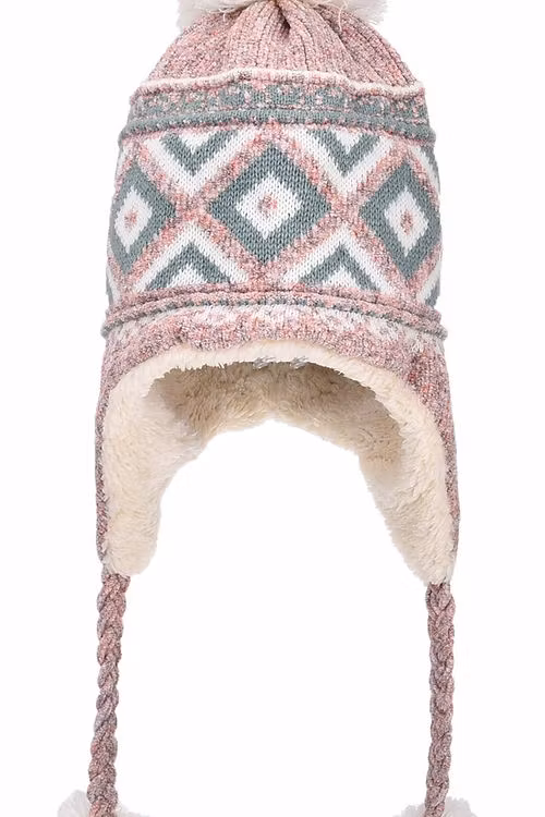 Robin Ruth Bon Bon Wintermütze mit Lederstempel, Rosa/Grau