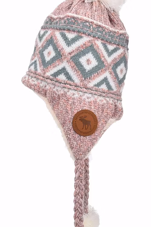 Robin Ruth Bon Bon Wintermütze mit Lederstempel, Rosa/Grau