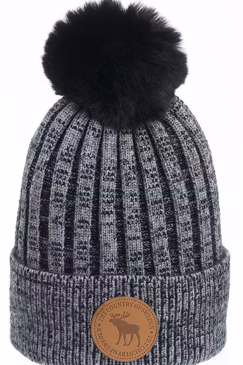 Robin Ruth Wintermütze mit Leder-Stempelbommel, Schweden, grau