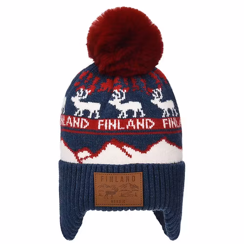 Robin Ruth Winter Hat Beanie Ear Muffs -  Finland, Black/White/Red