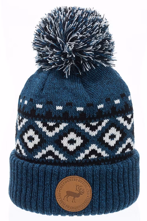 Robin Ruth Leather Patch Winter Hat Beanie - Finland Reindeer, Blue