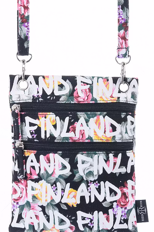 Robin Ruth Reisepasstasche, Finnland, Blumenmuster, Schwarz, Mehrfarbig