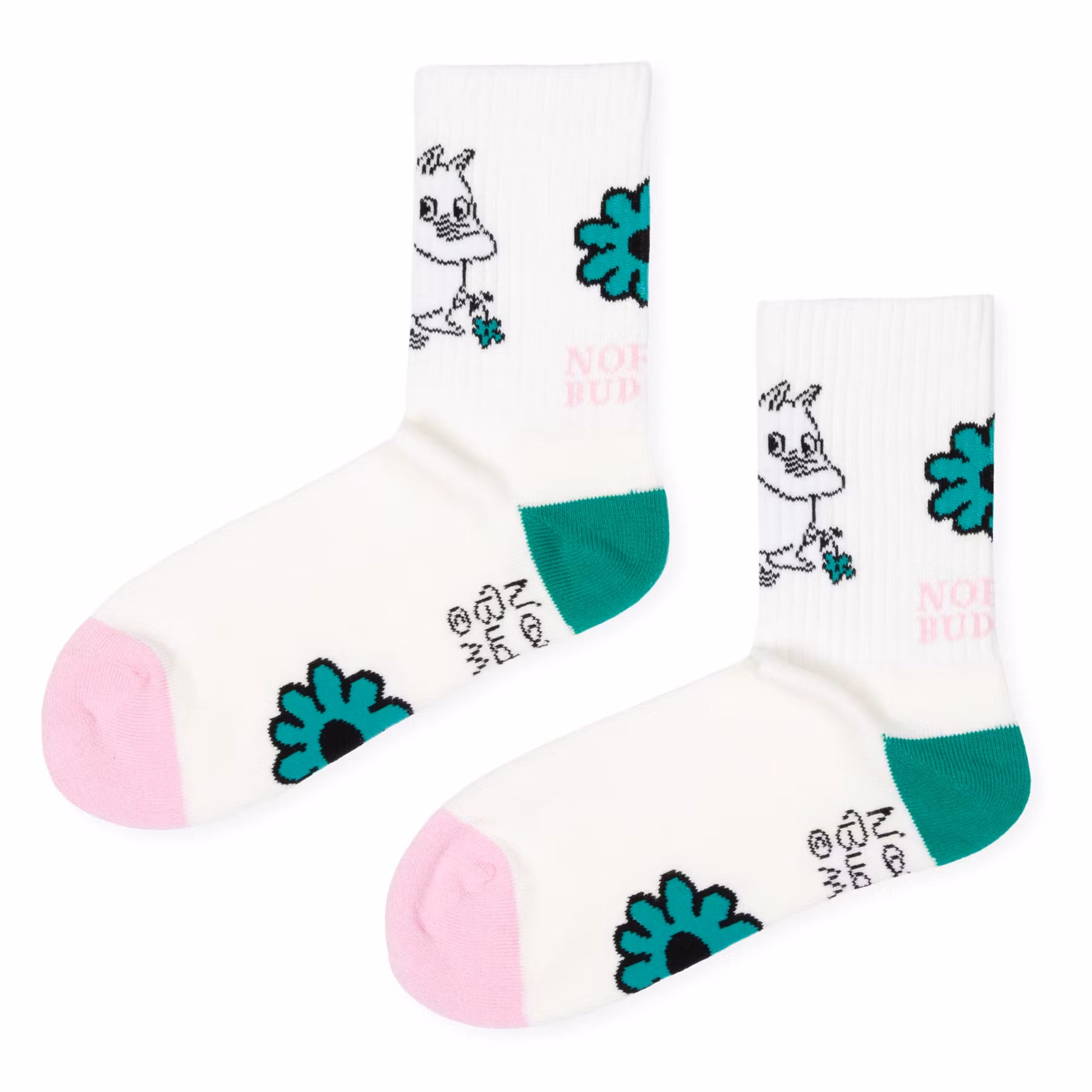 Nordic Buddies Moomintroll's Flower Women's Retro Socks - White, Light Pink, and Dark Green