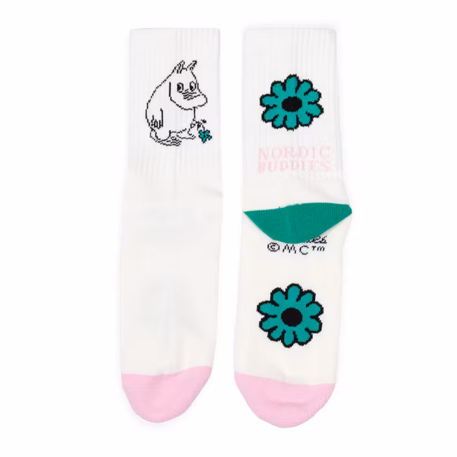 Nordic Buddies Moomintroll's Flower Women's Retro Socks - White, Light Pink, and Dark Green