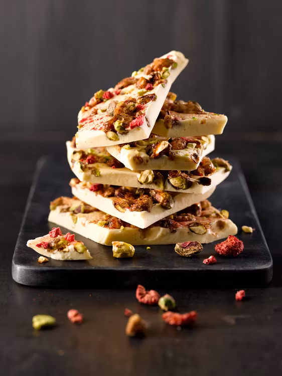 Sjokoladebrekk Hvit sjokolade med Pistasj & Bringebær