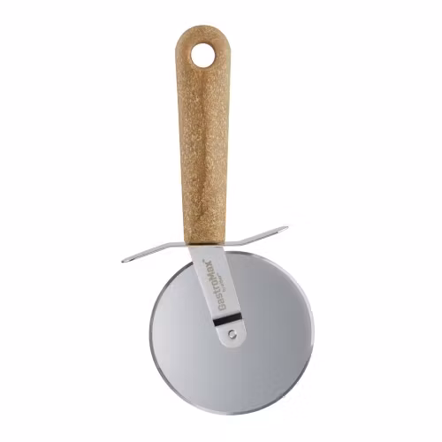 produkt bild av gastromax pizzaskärare i rostfritt stål och bioplast handtag på en  vit bakgrund.