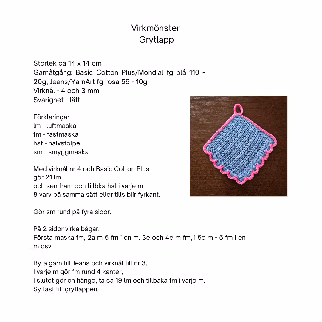 Virkmönster grytlapp basic cotton plus/jeans