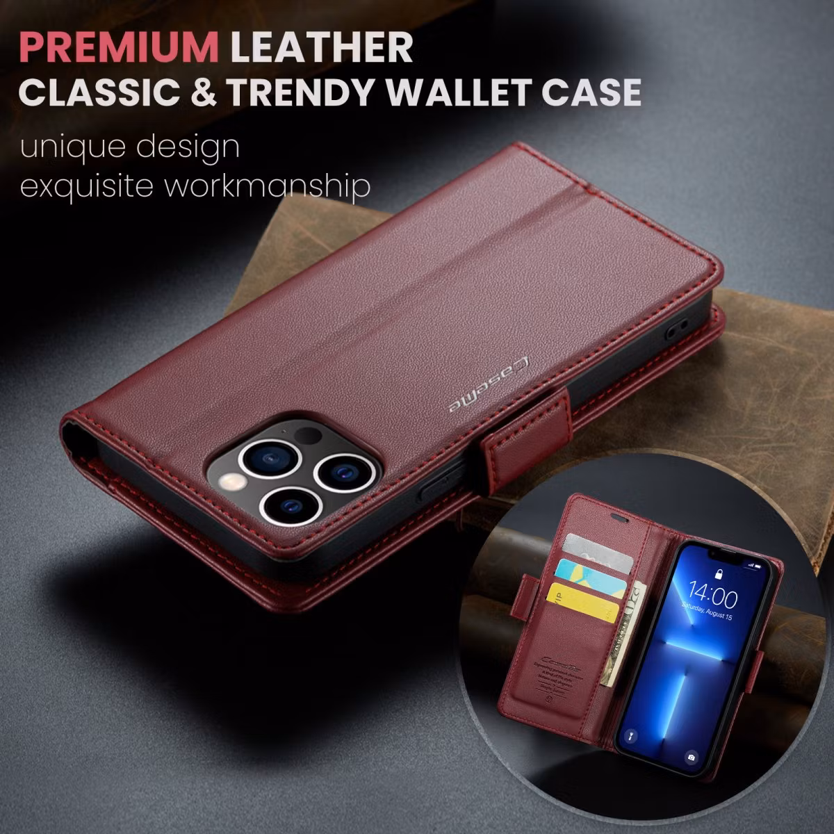 iPhone 12/12 Pro - Fodral Premium Läder RFID Skyddat CaseMe® Vinröd