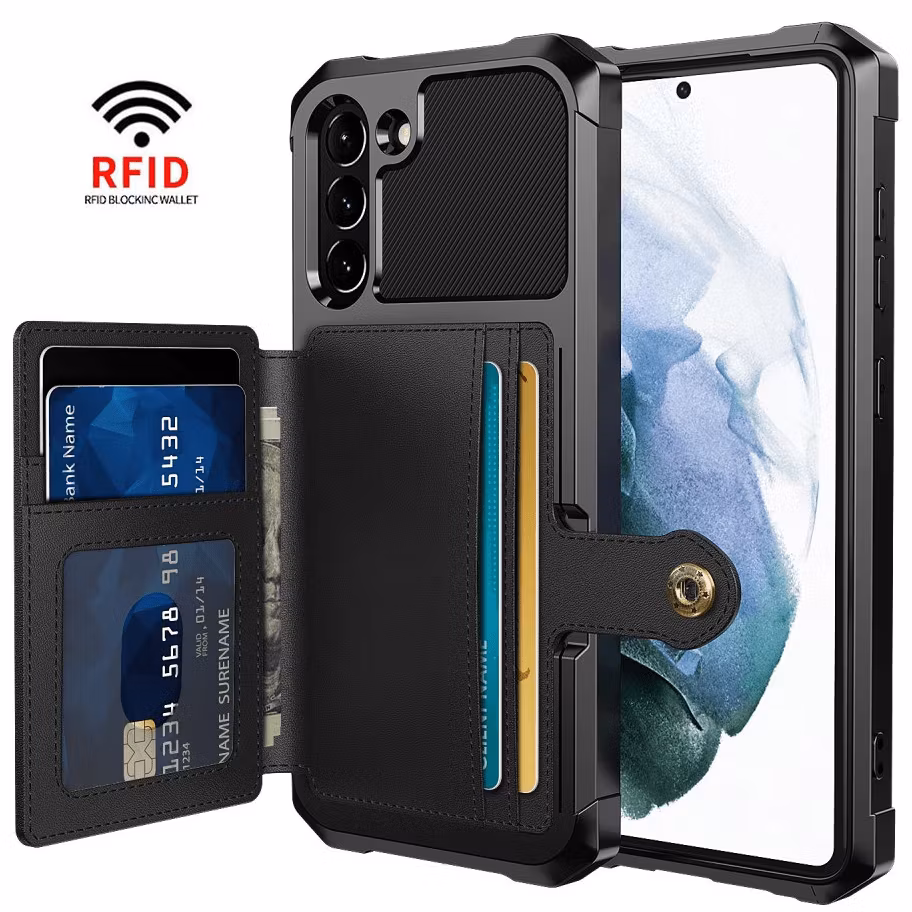 Samsung S21 FE - Stöttåligt Skal 4-FACK Korthållare Svart