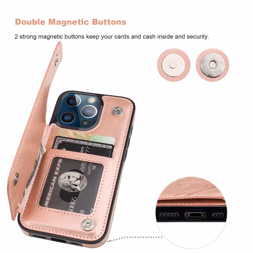 iPhone 13 Pro - Nordic® Stöttåligt Läder skal kortfack Roséguld