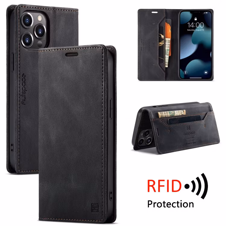 iPhone 14 Pro Max Läder Flip Fodral RFID Skyddat Svart